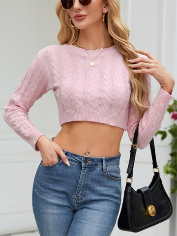 Woochic pull tricoté col en rond manches longue cintré à la taille rose S